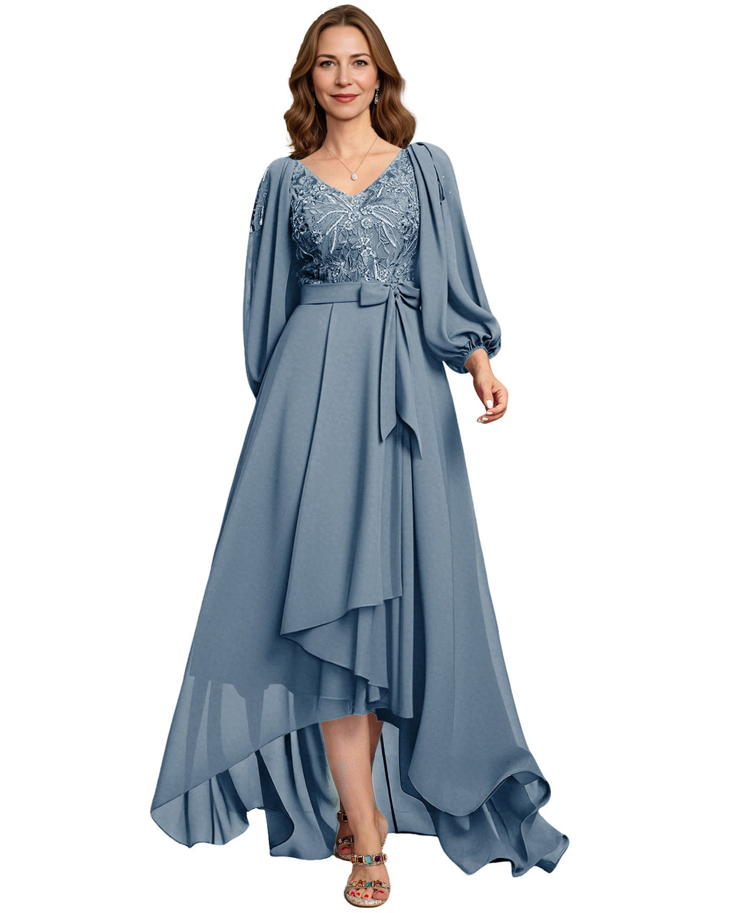 High Low Mother of the Bride Dress Lace Bodice Chiffon Jacket Formal Wedding Gown