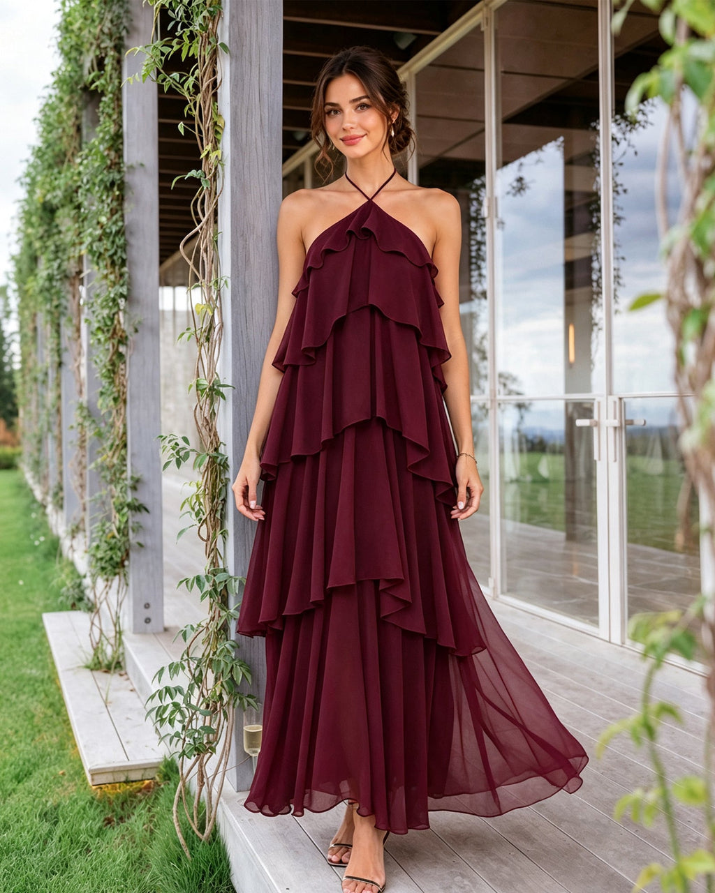 Halter Neck Tiered Chiffon Bridesmaid Dress with Ruffle Overlay