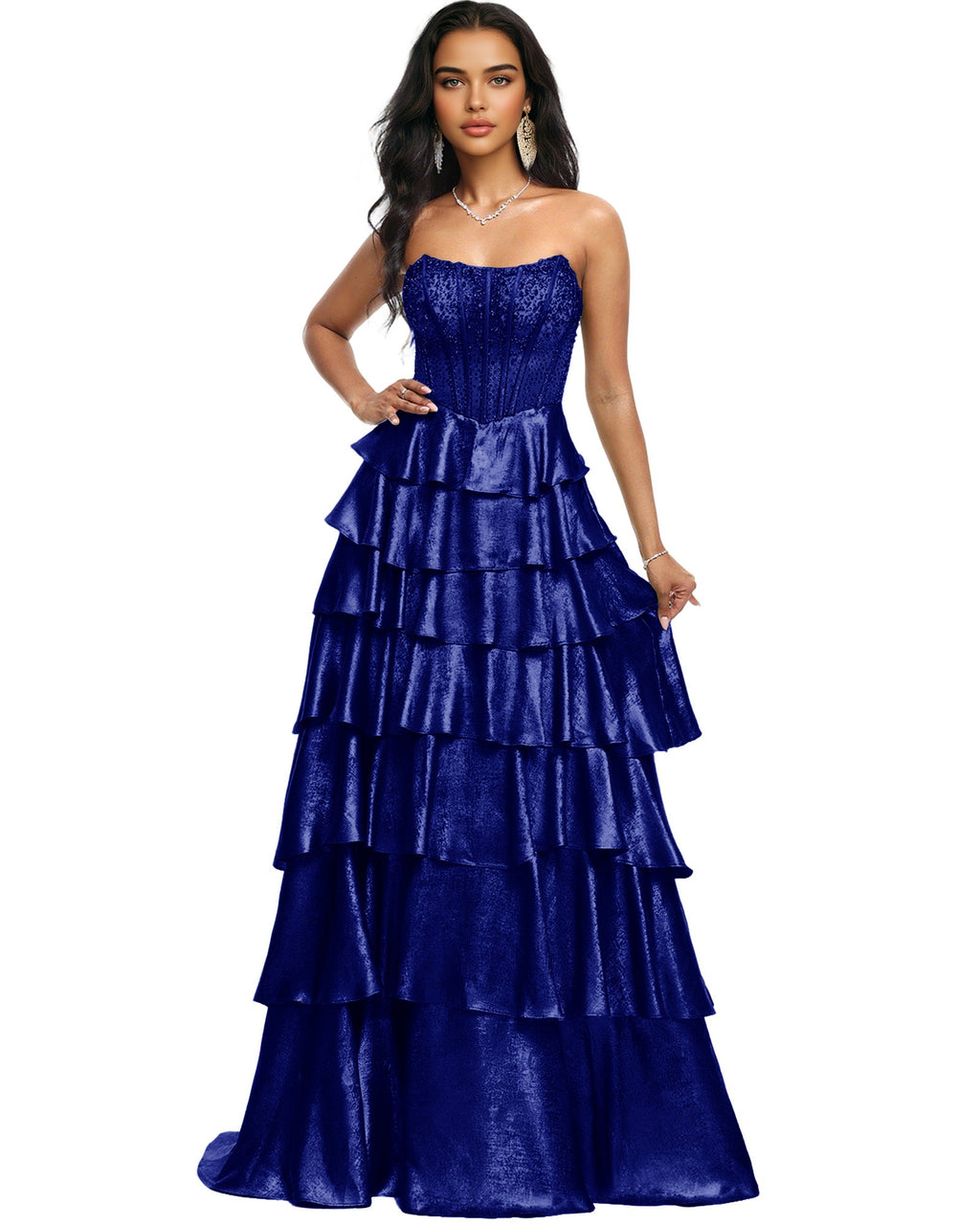 Strapless Tiered Sequin A-Line Prom Dress with Ruffle Layers