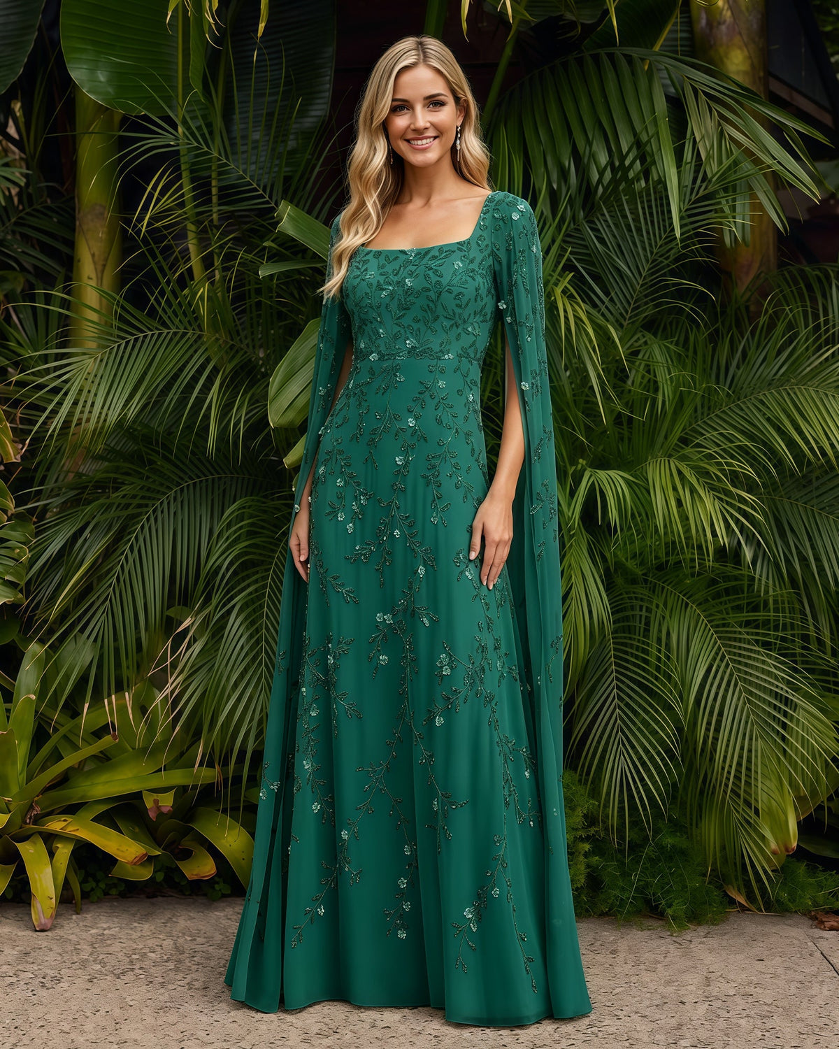 Square-Neck Long-Sleeve Lace A-Line Formal Dress