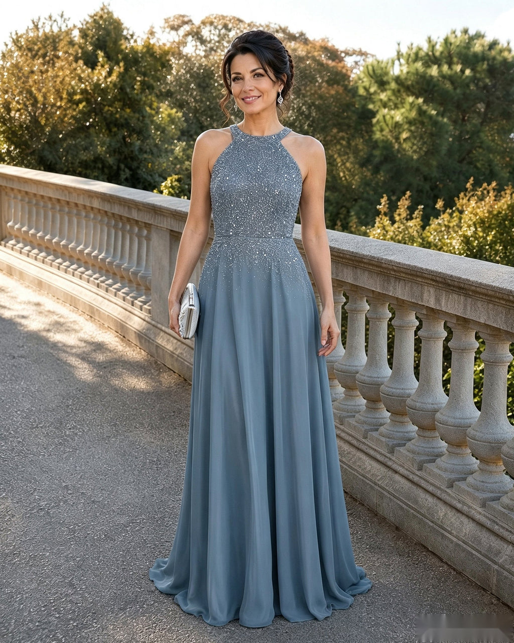 Halter Neck Sequin Chiffon A-Line Mother of the Bride Dress