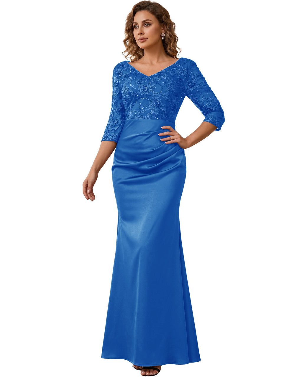 Mother of the Bride Dress Long Lace Mermaid Formal Gown with 3/4 Sleeves