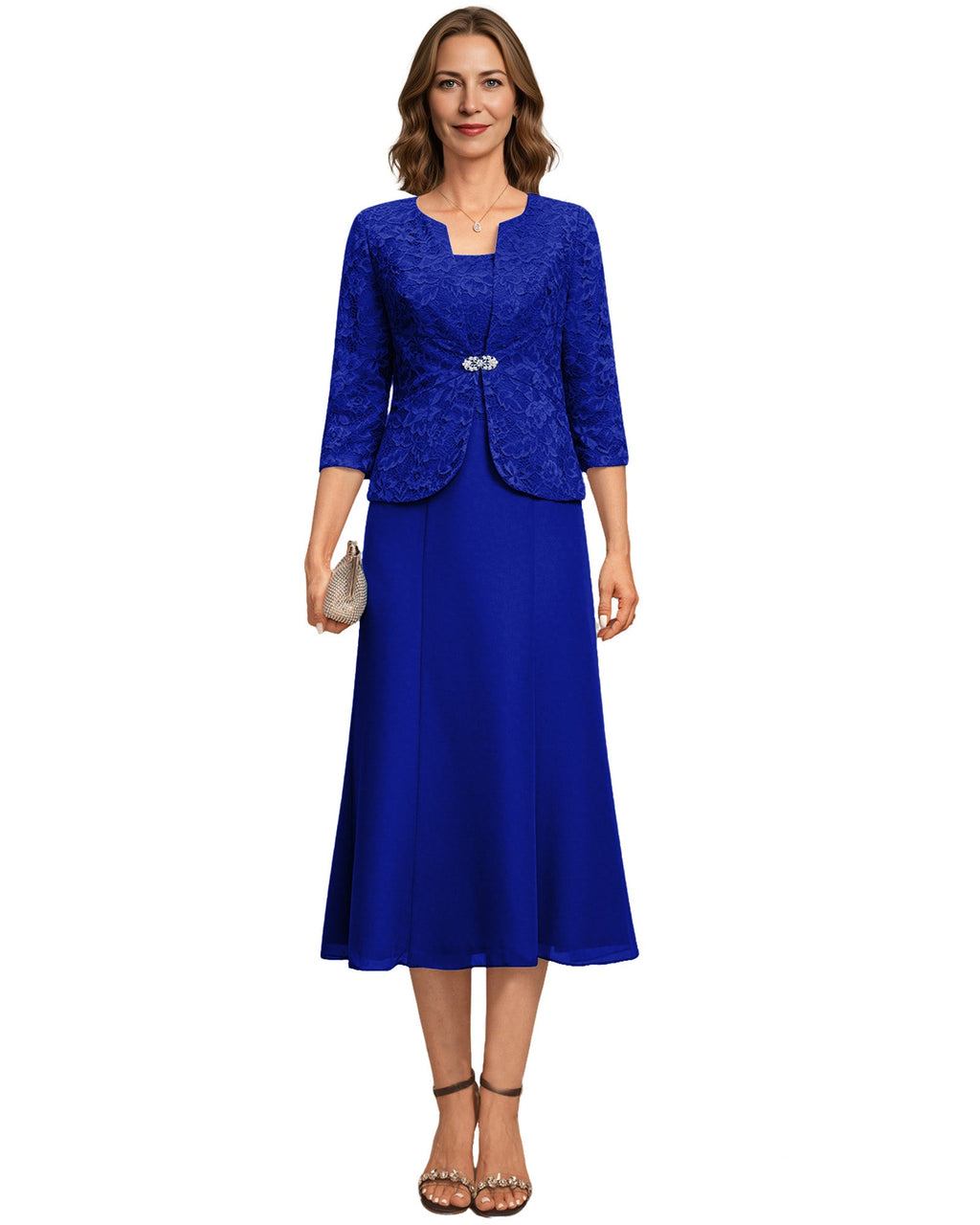 Tea Length Mother of the Bride Dress Lace Jacket Chiffon A-Line Wedding Guest Outfit