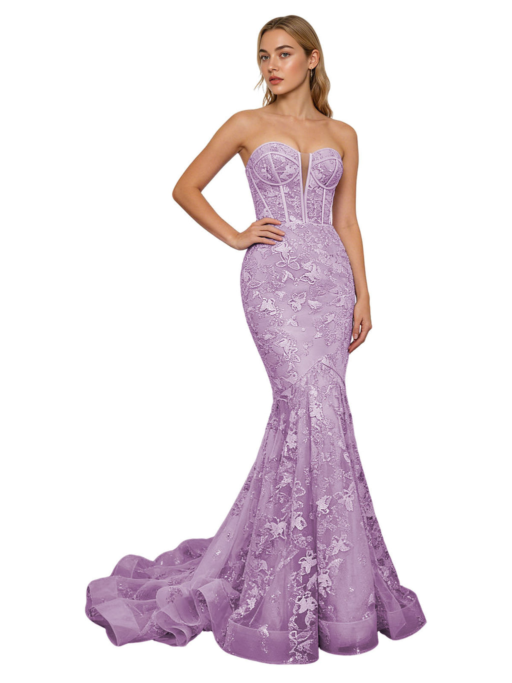 Strapless Lavender Lace Mermaid Prom Dress with Sheer Corset and Train