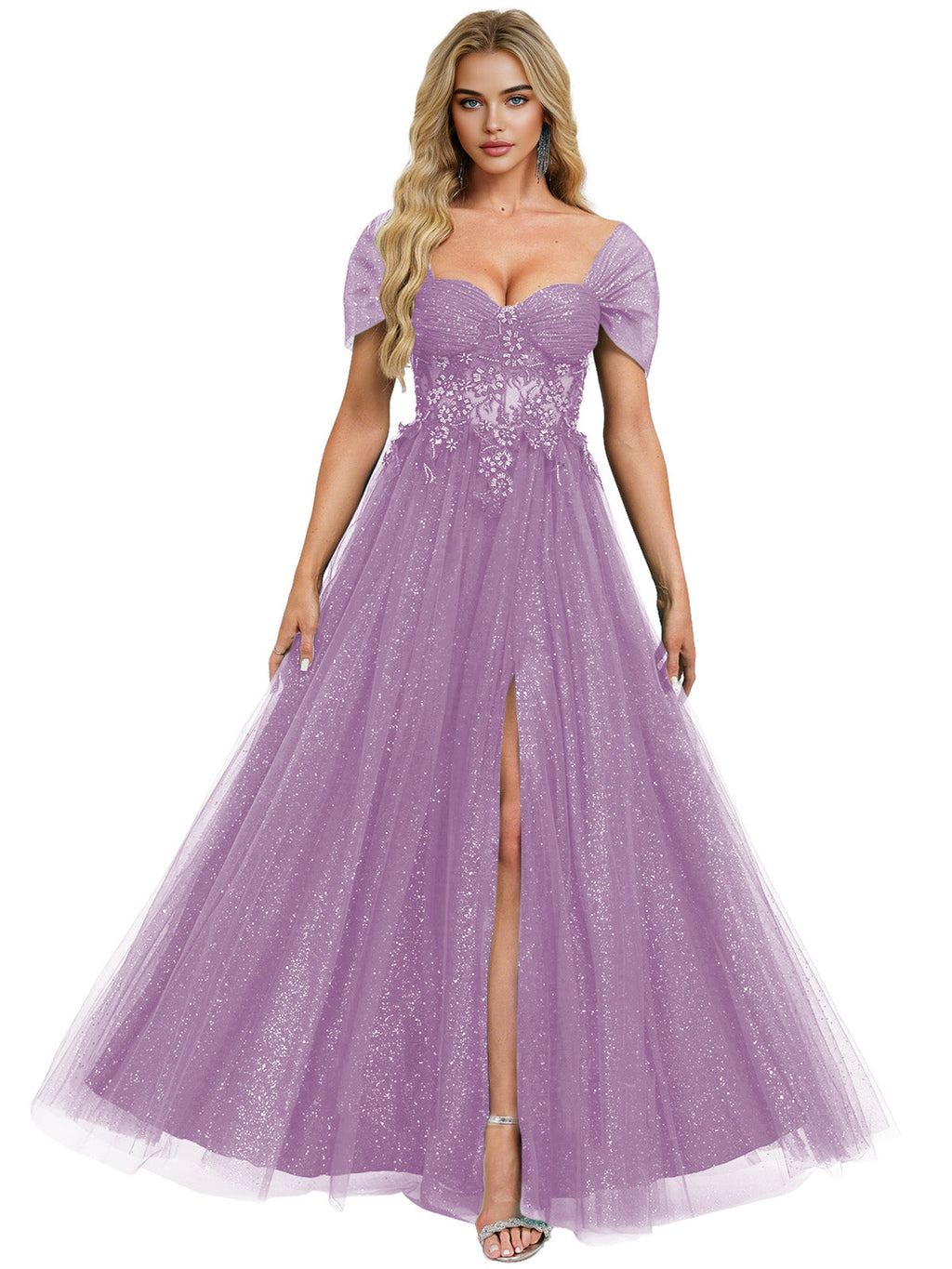 Short Sleeve Glitter Tulle Prom Dress with Illusion Bodice and Slit