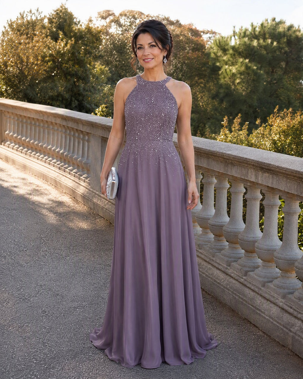 Halter Neck Sequin Chiffon A-Line Mother of the Bride Dress