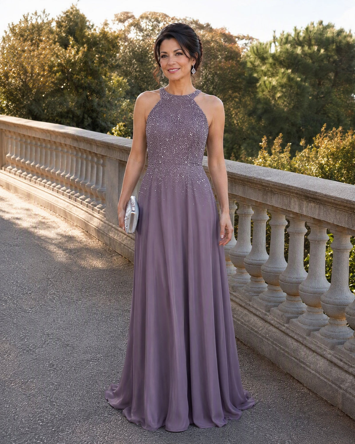 Halter Neck Sequin Chiffon A-Line Mother of the Bride Dress