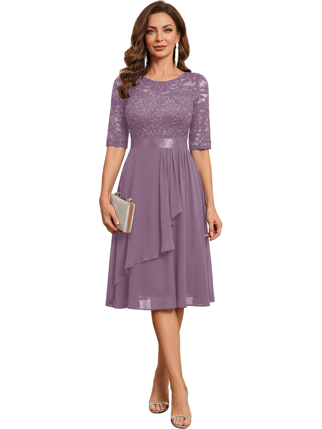 Knee Length Mother of the Bride Dress Sequined Lace Bodice Chiffon Skirt Formal Guest Outfit