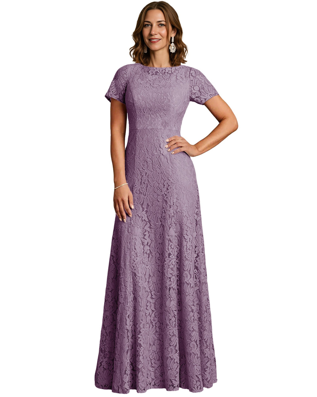 Long Lace Mother of the Bride Dress Short Sleeve Mermaid Gown with Crew Neckline