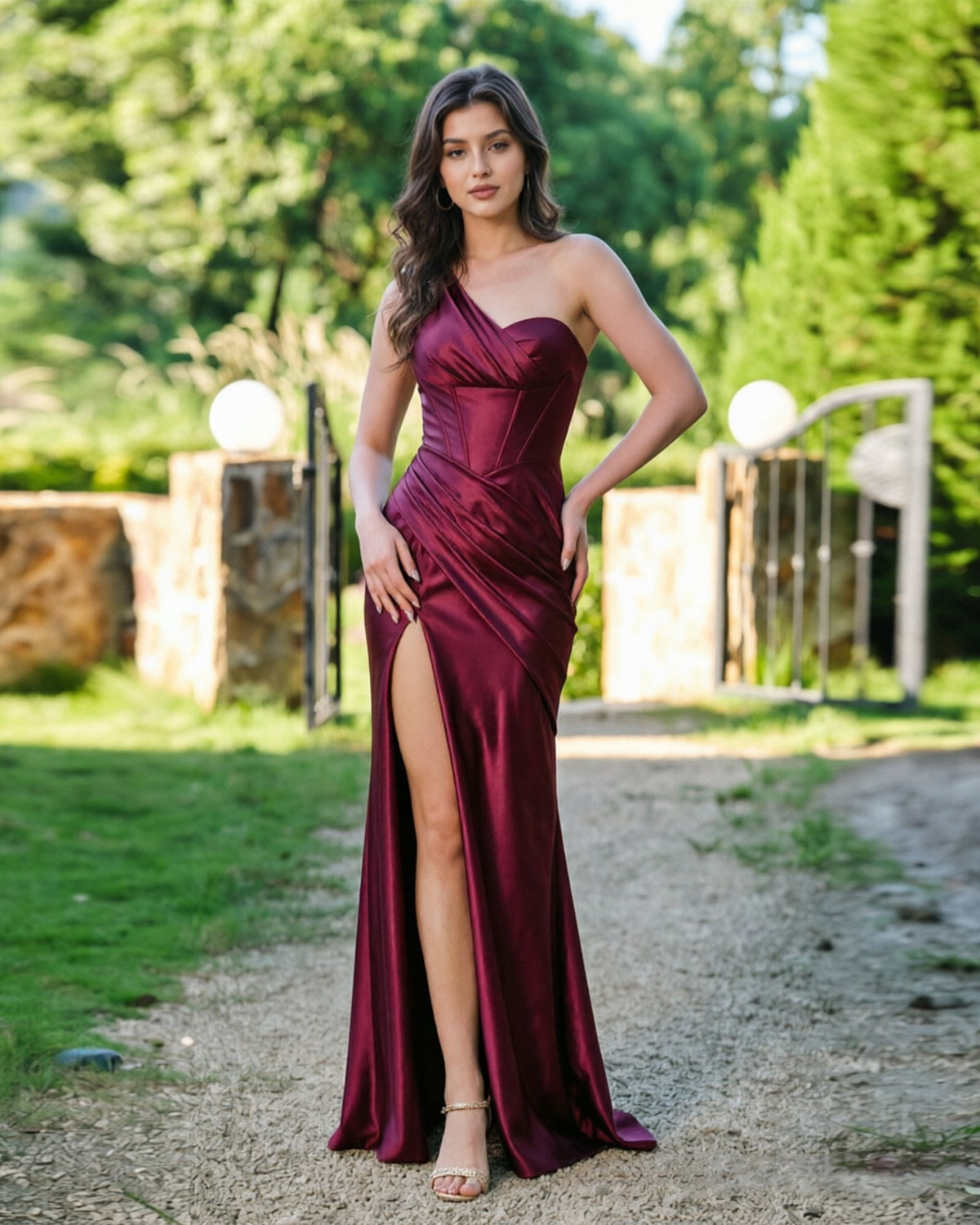 One Shoulder Satin Formal Dress with Corset Bodice and Slit