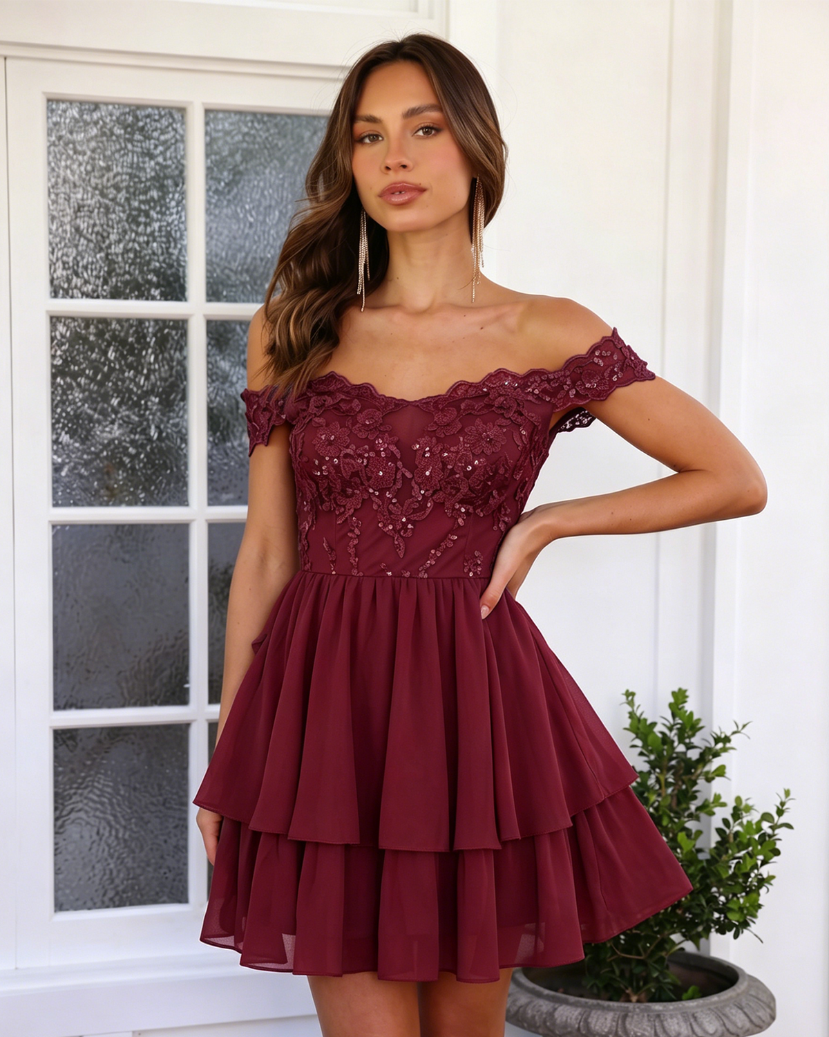 Off Shoulder Lace A-Line Homecoming Dress with Tiered Dress