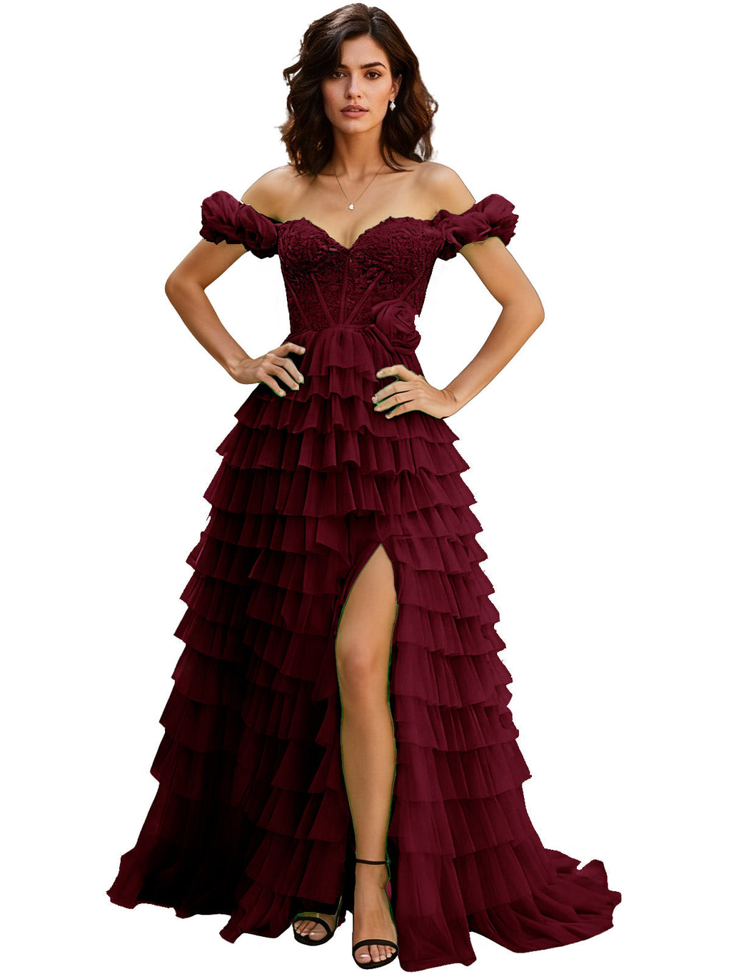 Off Shoulder Tulle Ball Gown Prom Dress with Ruffle Sleeves and Slit
