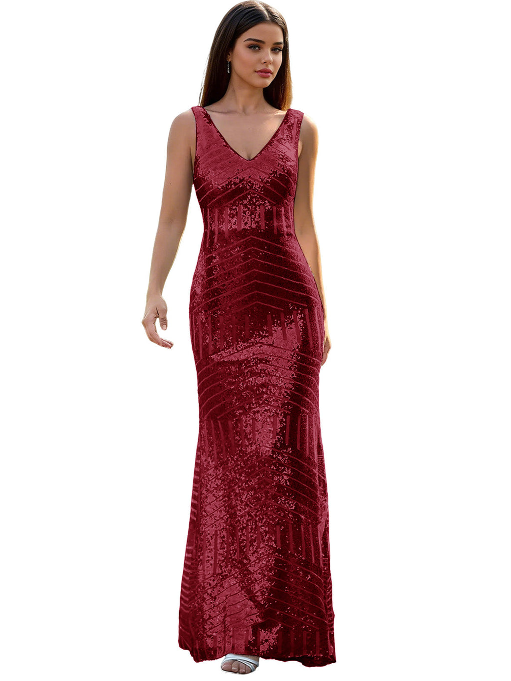 V-Neck Sequin Column Prom Dress with Beaded Waist and Low Back