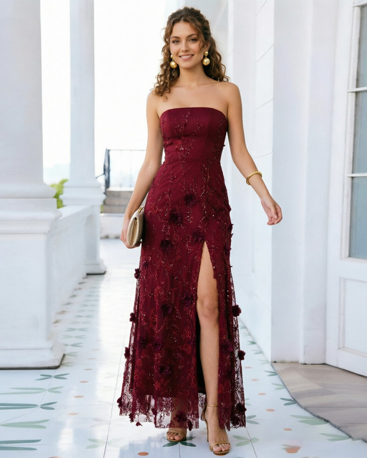 Strapless Floral Applique Lace Formal Dress with Slit