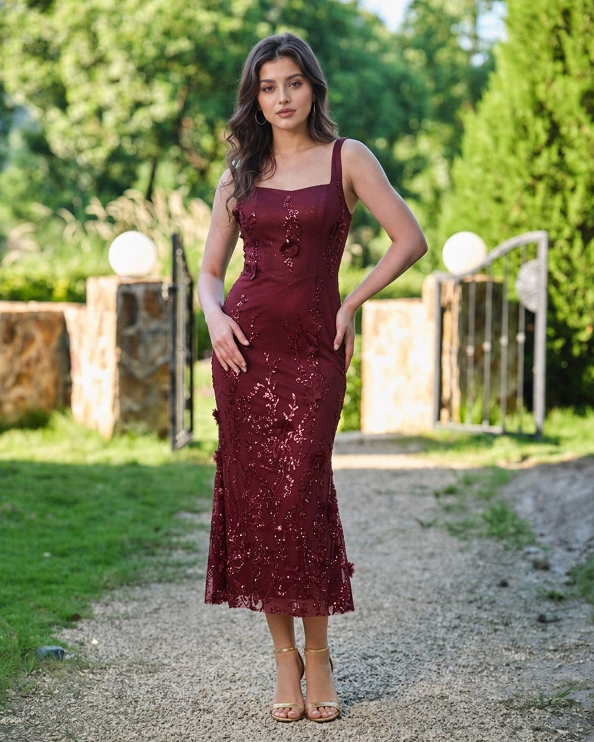 Square Neck Sequin Lace Midi Formal Dress with Floral Applique