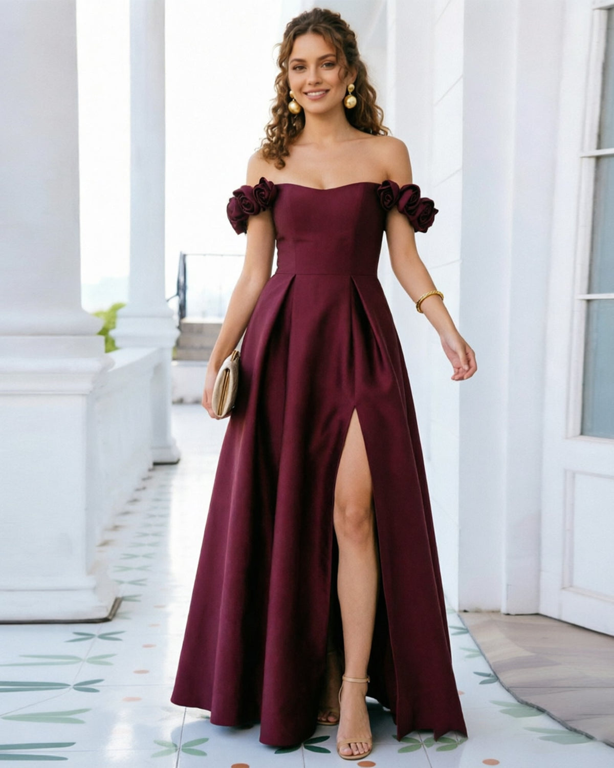 Off Shoulder Floral Sleeve Satin Formal Dress with Side Slit