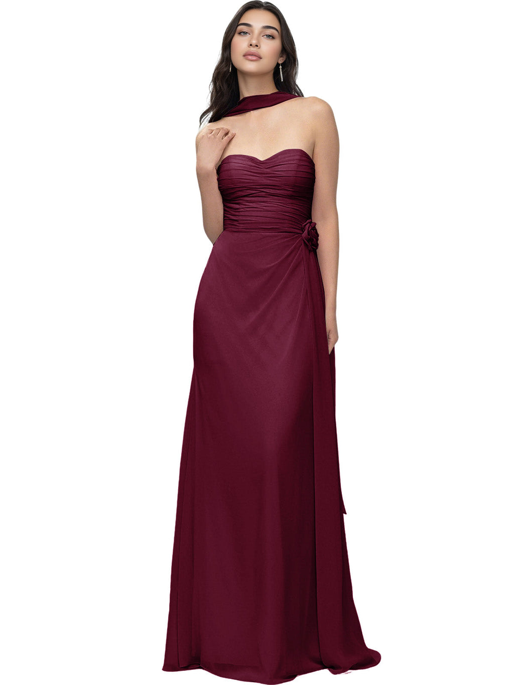 Strapless Chiffon Bridesmaid Dress with Wrapped Bodice and Slit Dress