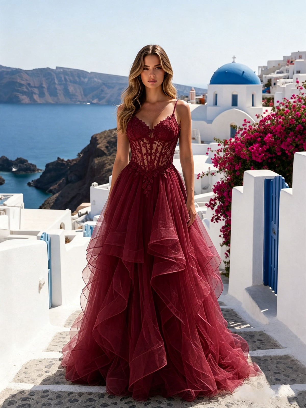 Spaghetti Strap Lace Corset Tulle Prom Dress with Ruffle Dress