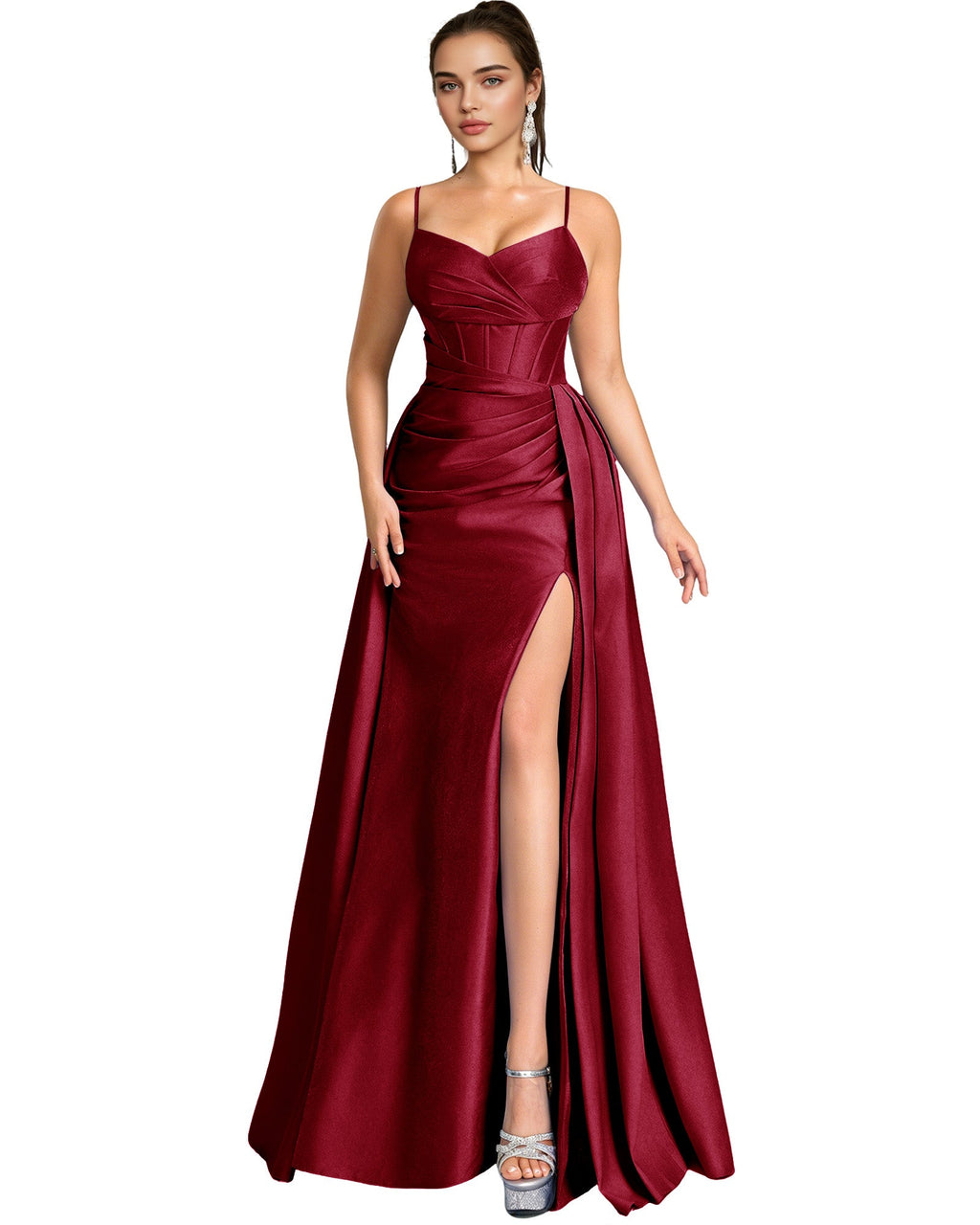 One Shoulder Satin A-Line Prom Dress with Wrap Bodice and Side Slit
