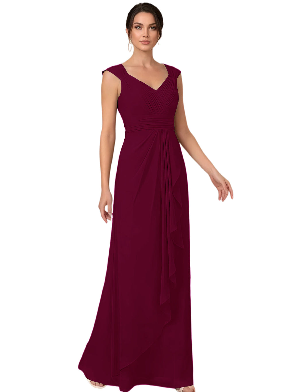 Mother of the Bride Dress Long Sleeveless V-Neck Chiffon Formal Gown with Ruffle Detail