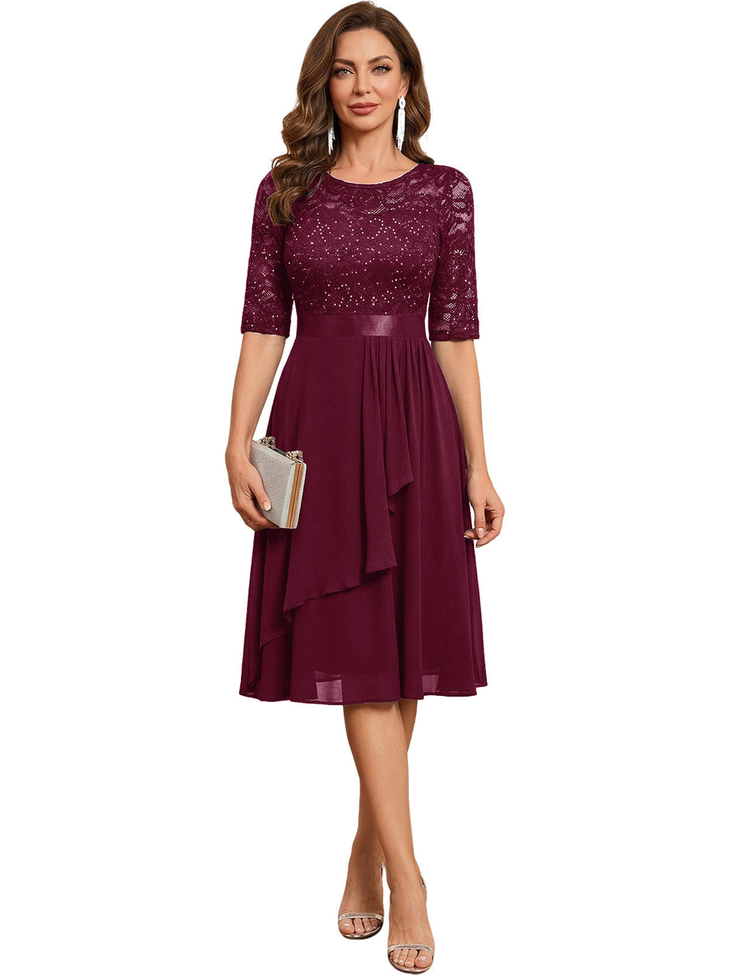 Knee Length Mother of the Bride Dress Sequined Lace Bodice Chiffon Skirt Formal Guest Outfit