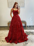 Red Draped Sequin Backless Square Neck A-Line Maxi Prom Dress for Formal Dance
