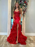 Red Corset Tiered Ruffled Slit Sweetheart Mermaid Floor-Length Satin Prom Dress for Formal Reception