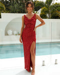 Cowl-Neck Sequin Sheath Prom Dress with High Slit