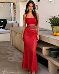 Square Neck Two Piece Lace Mermaid Formal Dress with Tie Straps