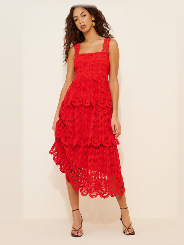Red A-Line Maxi Mesh Formal Dress for Evening Celebration