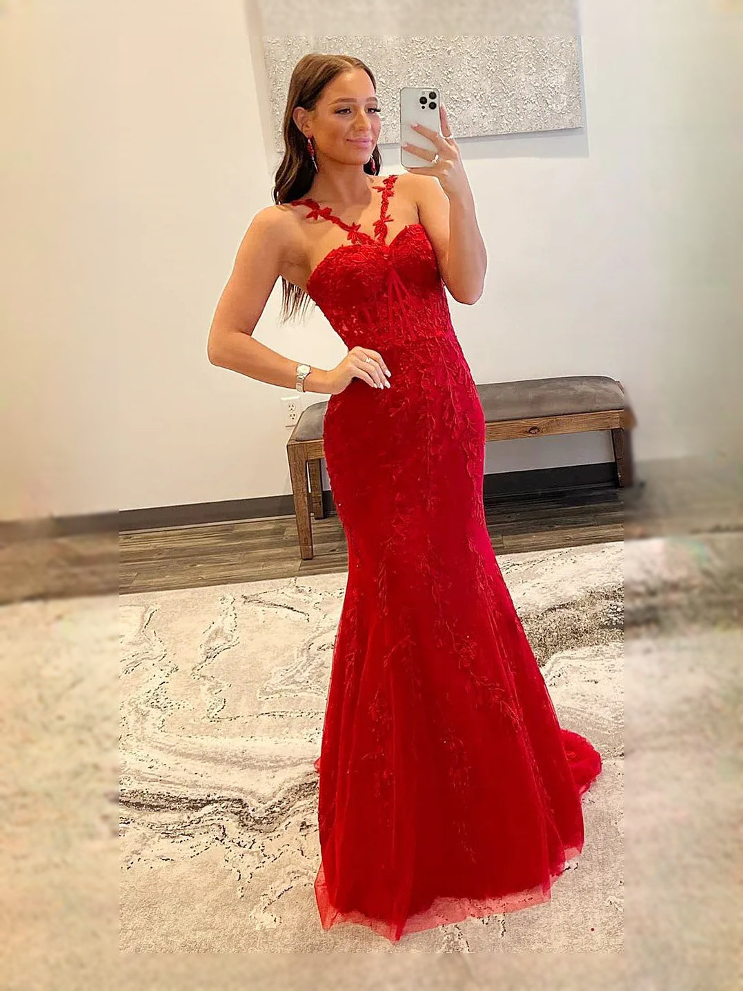 Flower-Applique Floral Sweetheart Mermaid Floor-Length Tulle Prom Dress for Formal Party