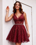 V-Neck Floral Lace A-Line Short Homecoming Dress with Corset Back