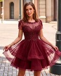 Illusion Scoop Neck Beaded Lace Tiered Tulle Short Homecoming Dress