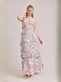 As Picture Corset Tiered Floral Strapless A-Line Floor-Length Tulle Prom Dress for Ballroom Event