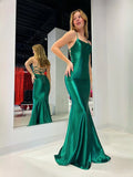 Emerald Green Ruched Draped Square Neck Mermaid Floor-Length Satin Prom Dress for Pageant
