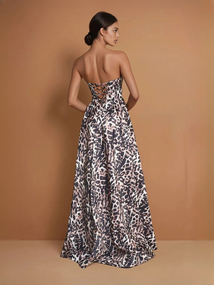 As Picture Corset Side-Slit Slit Strapless A-Line Floor-Length Satin Prom Dress for Winter Formal