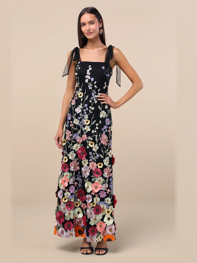 Black Floral Embroidered A-Line Maxi Mesh Formal Dress for Wedding Reception