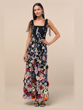 Black Floral Embroidered A-Line Maxi Mesh Formal Dress for Wedding Reception