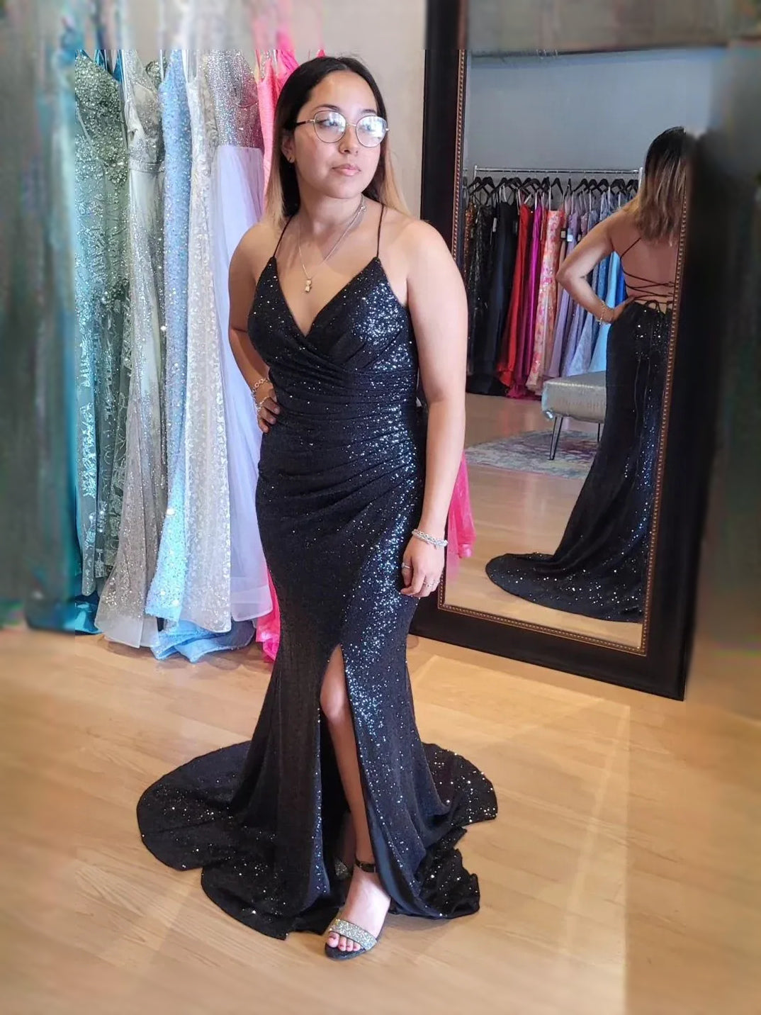 Ruched Draped Slit Backless V Neck Mermaid Maxi Prom Dress for Ballroom Event