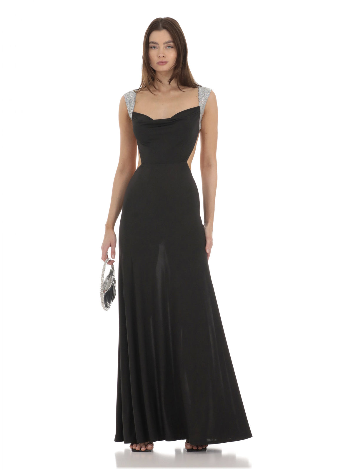 Sequin Cowl Neck A-Line Maxi Mesh Bridesmaid Dress for Wedding Ceremony