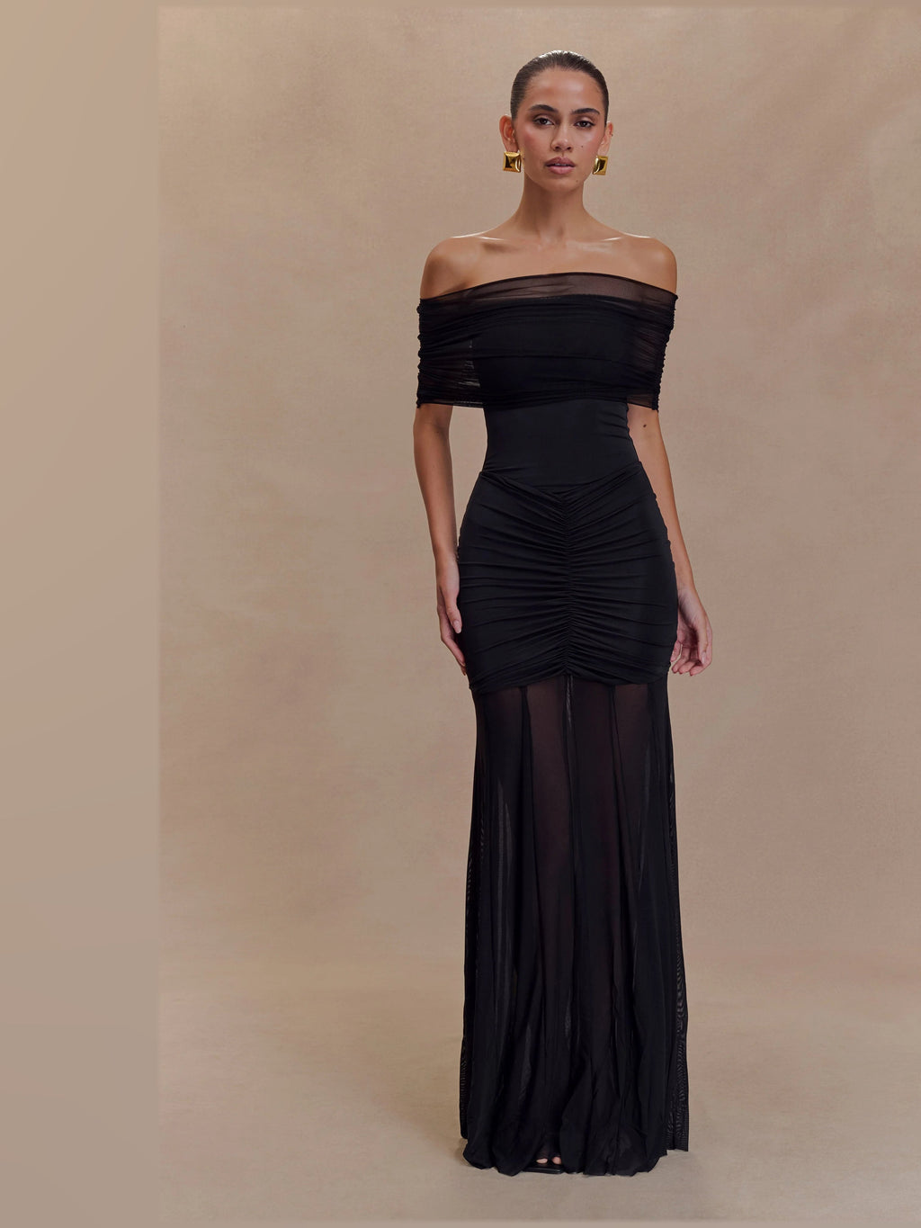 Black Off Shoulder A-Line Maxi Mesh Formal Dress for Special Occasion