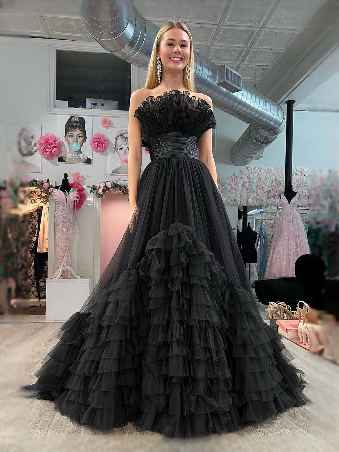 Ruched Draped Ruffled Sweetheart A-Line Maxi Tulle Prom Dress for Evening Event