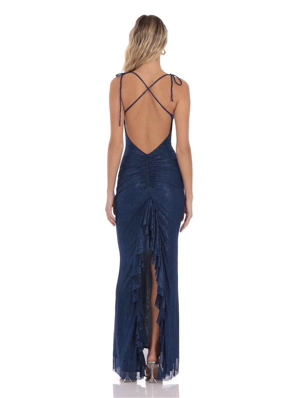 Ruffled Rhinestone A-Line Maxi Mesh Bridesmaid Dress for Formal Wedding