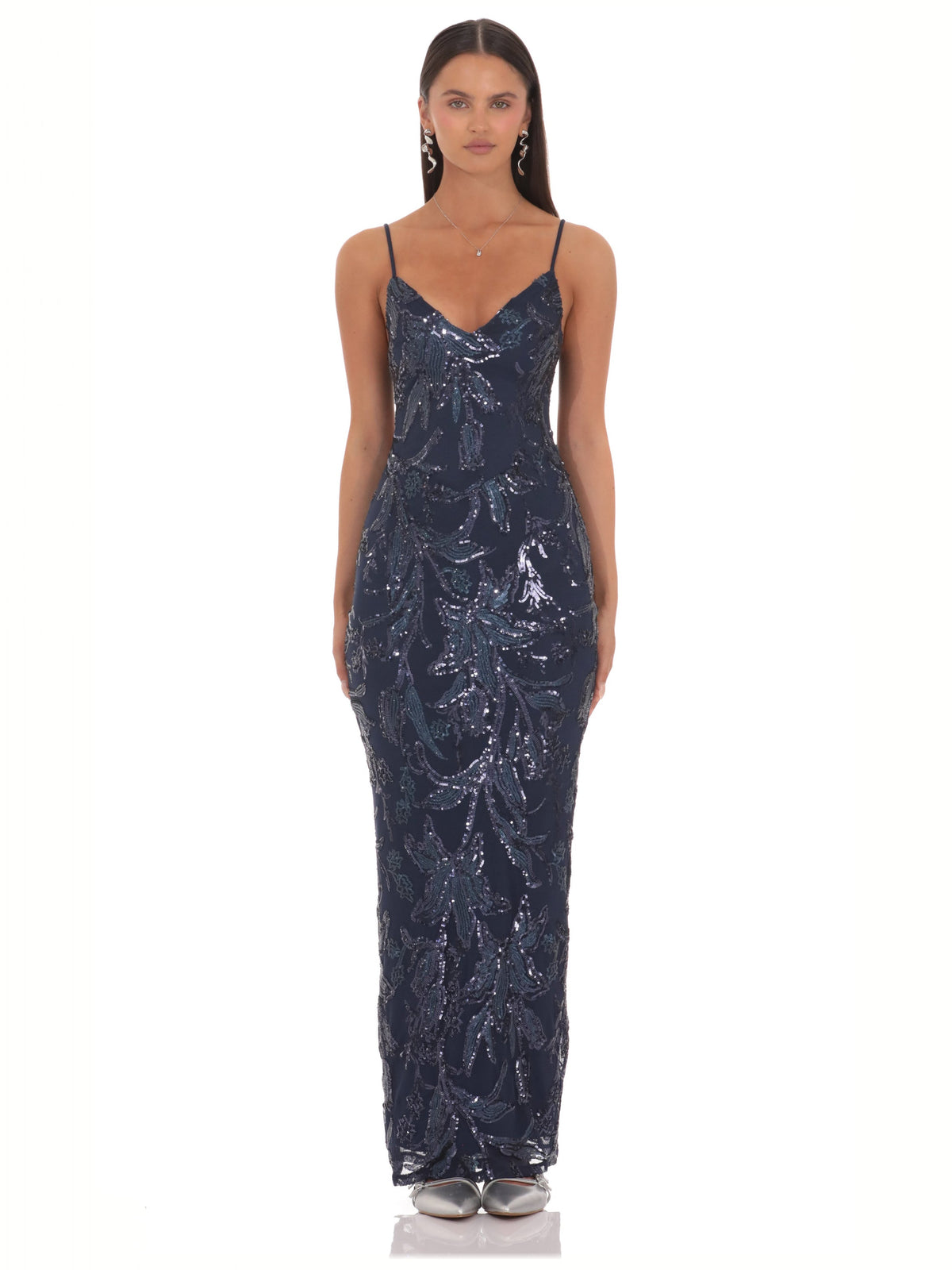 Navy Sequin A-Line Maxi Mesh Bridesmaid Dress for Destination Wedding