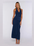 Navy Halter Neck A-Line Maxi Mesh Formal Dress for School Dance
