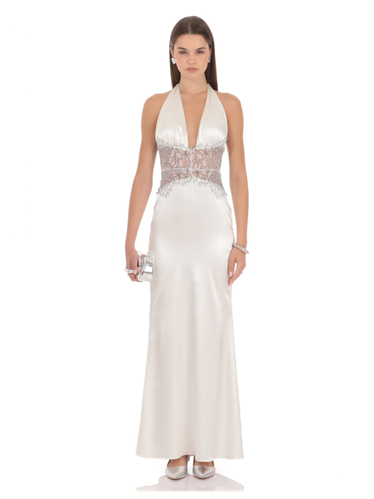 Ivory Floral A-Line Maxi Mesh Bridesmaid Dress for Wedding Reception