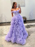 Lavender Draped Corset Ruffled Sweetheart A-Line Maxi Tulle Prom Dress for Charity Ball