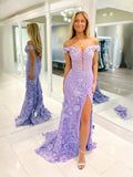 Lavender Corset Ruffled Floral Slit Sweetheart Mermaid Floor-Length Tulle Prom Dress for Evening Event