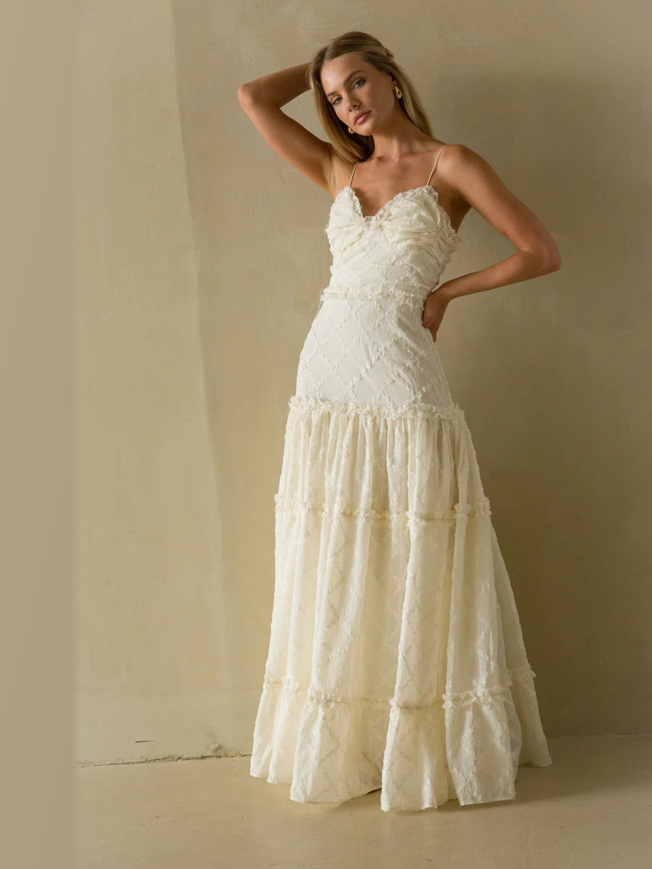 Cream A-Line Maxi Mesh Formal Dress for Prom