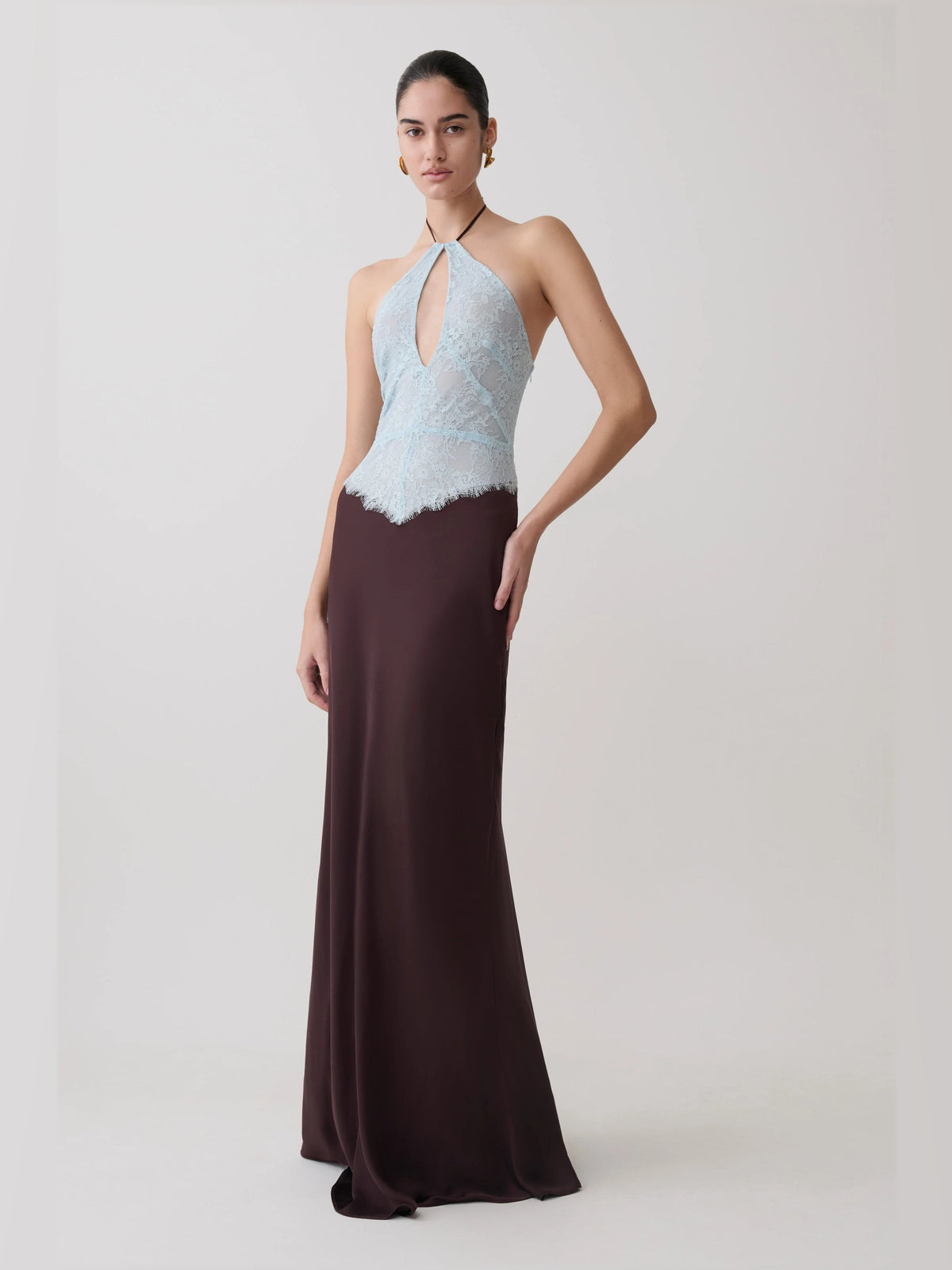 Chocolate Halter Neck A-Line Maxi Mesh Formal Dress for Winter Formal